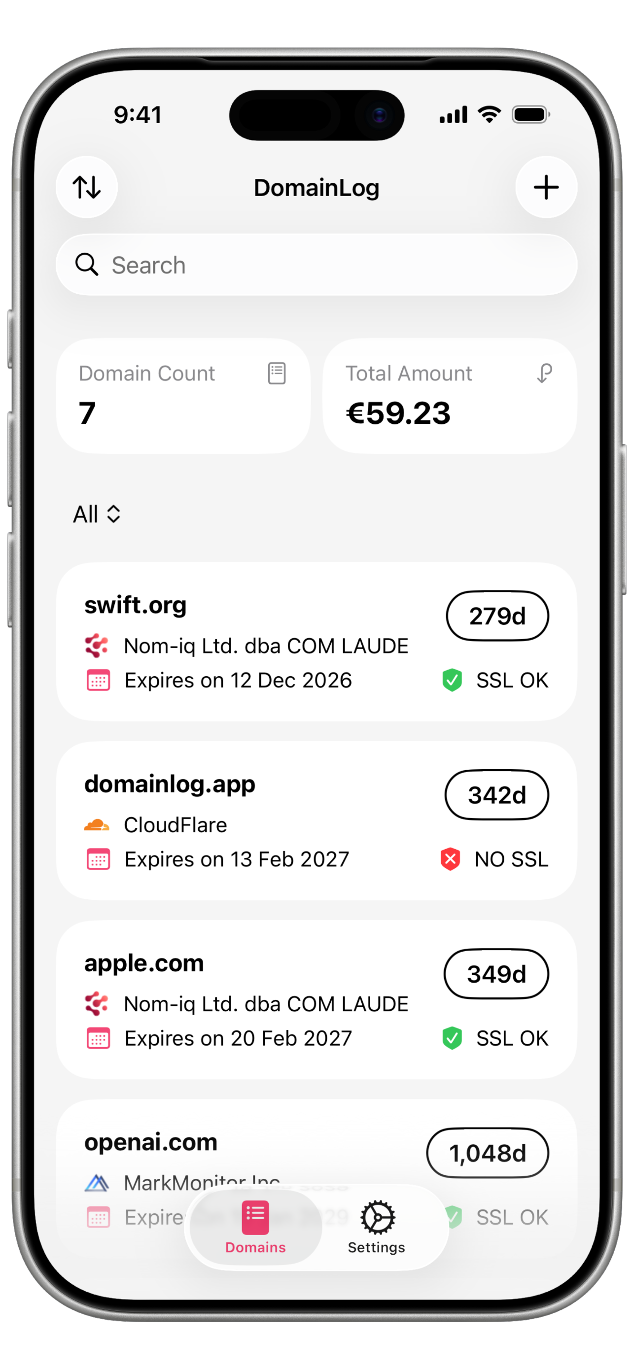 DomainLog main screen