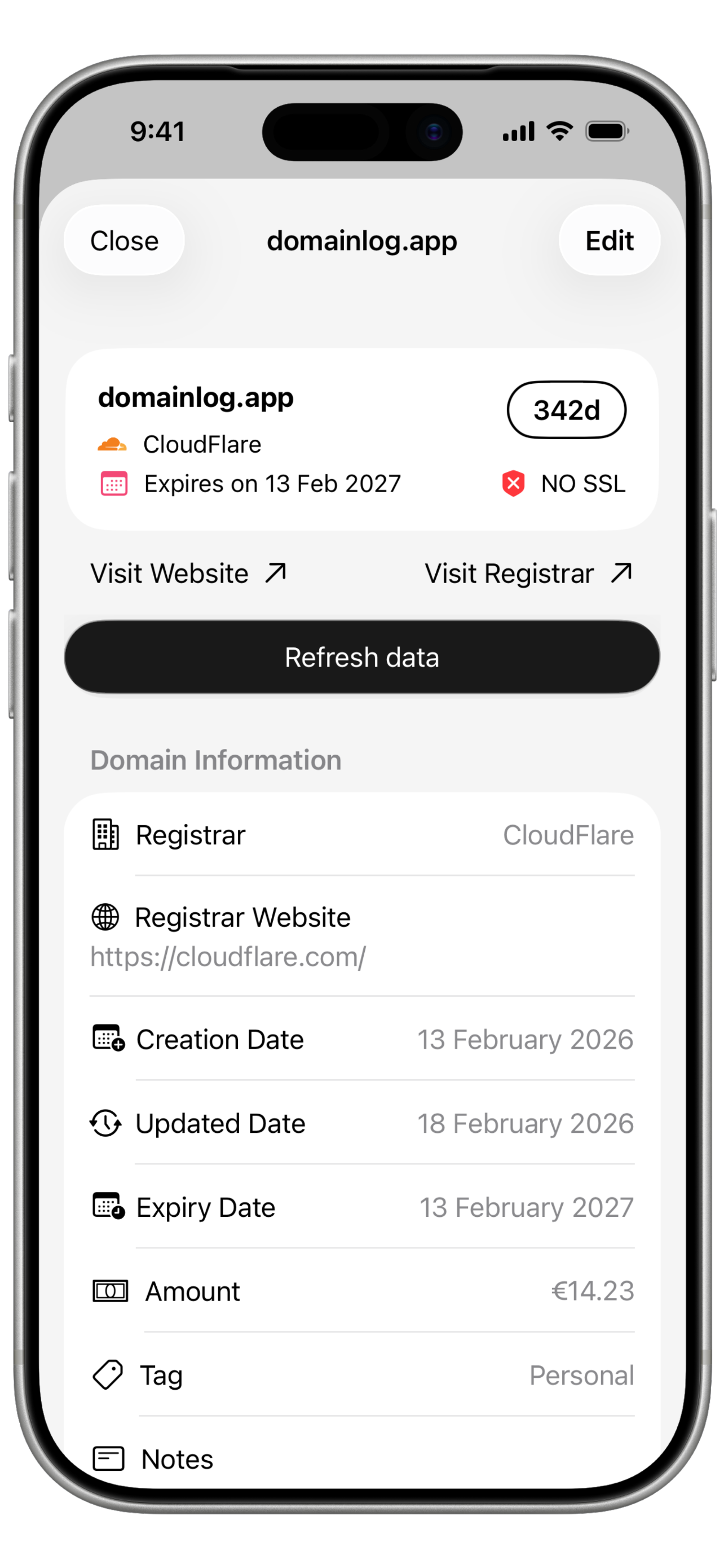 DomainLog detail view